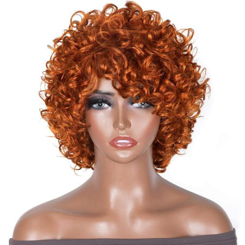 Klaiyi Bouncy Curls Short Human Hair Wigs with Bangs Glueless Pixie Cuts Wigs For Women Flash Sale