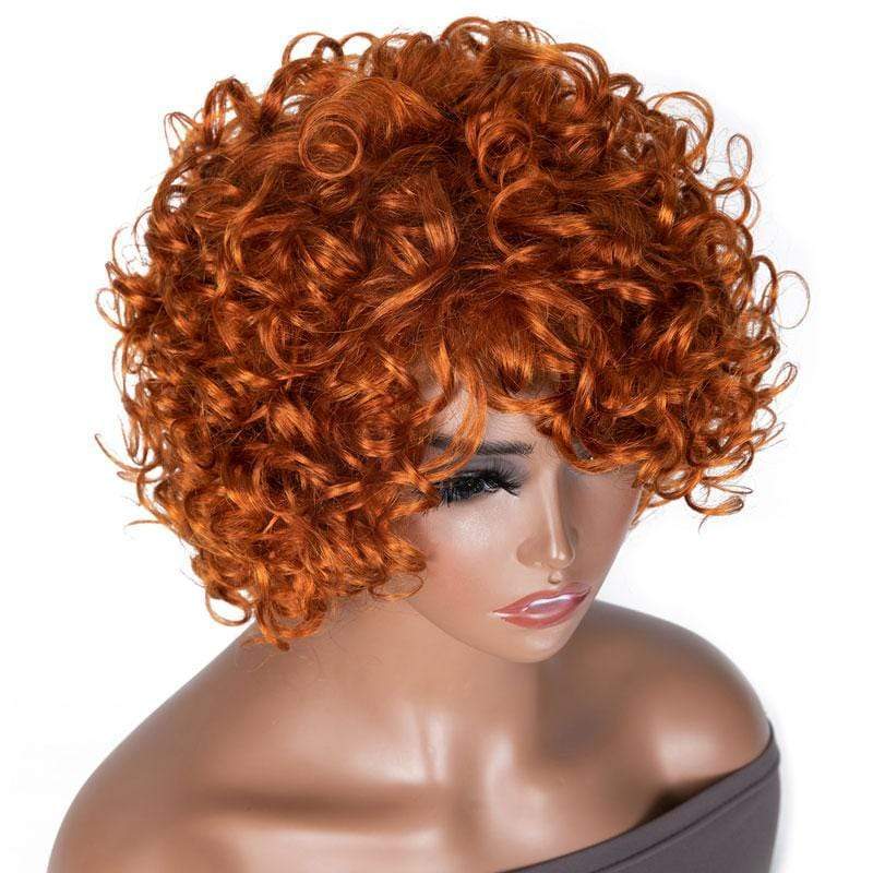 Klaiyi Bouncy Curls Short Human Hair Wigs with Bangs Glueless Pixie Cuts Wigs For Women Flash Sale