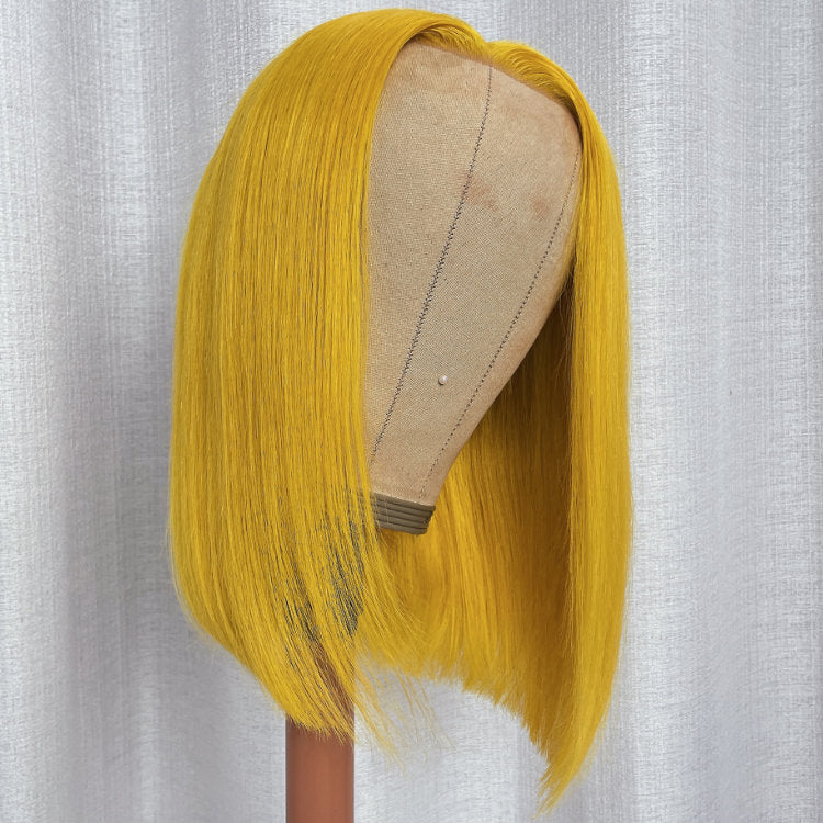 Klaiyi Shoulder Length Transparent Lace Bob Wig Lemon Yellow Color