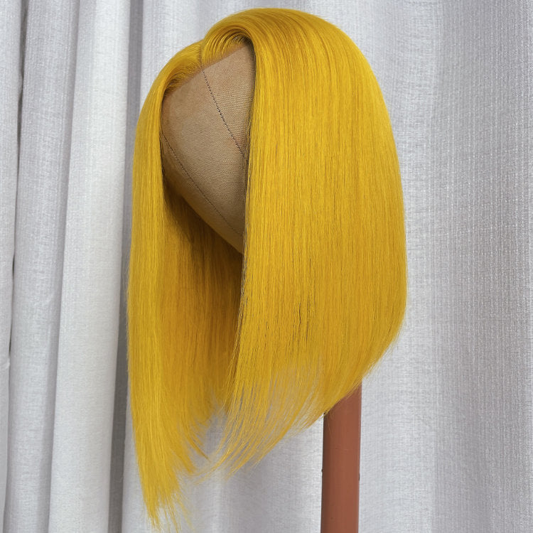 Klaiyi Shoulder Length Transparent Lace Bob Wig Lemon Yellow Color