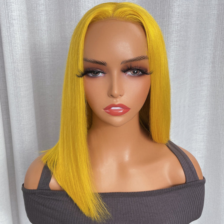 Klaiyi Shoulder Length Transparent Lace Bob Wig Lemon Yellow Color