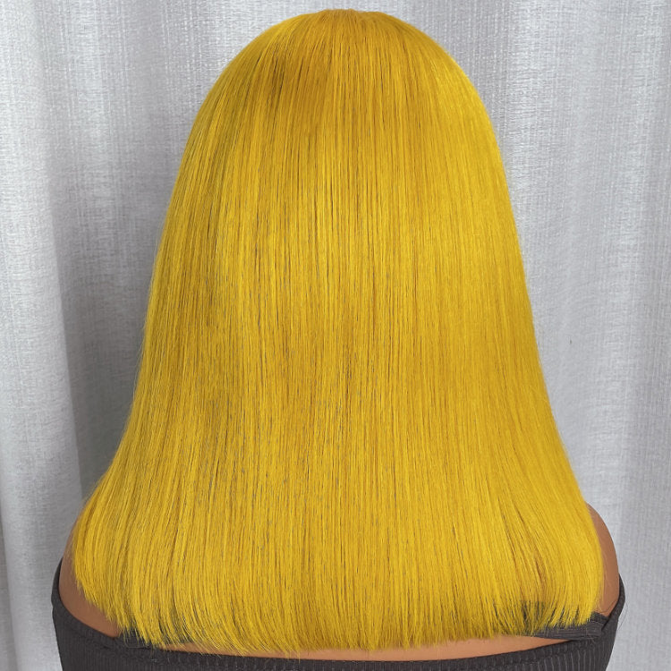 Klaiyi Shoulder Length Transparent Lace Bob Wig Lemon Yellow Color