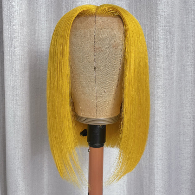 Klaiyi Shoulder Length Transparent Lace Bob Wig Lemon Yellow Color