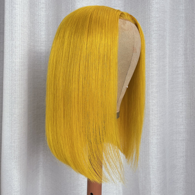 Klaiyi Shoulder Length Transparent Lace Bob Wig Lemon Yellow Color