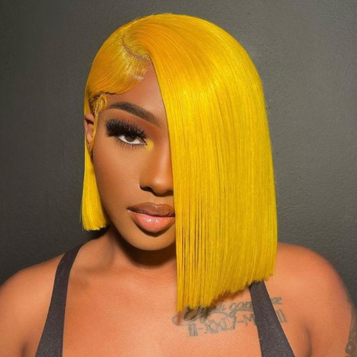 Klaiyi Shoulder Length Transparent Lace Bob Wig Lemon Yellow Color