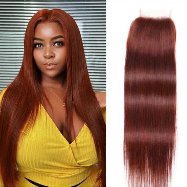 Klaiyi Silky Straight 4x4 Lace Closure Pre Plucked Brunette Auburn Copper Human Hair