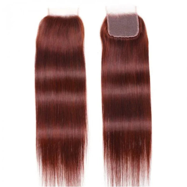 Klaiyi Silky Straight 4x4 Lace Closure Pre Plucked Brunette Auburn Copper Human Hair