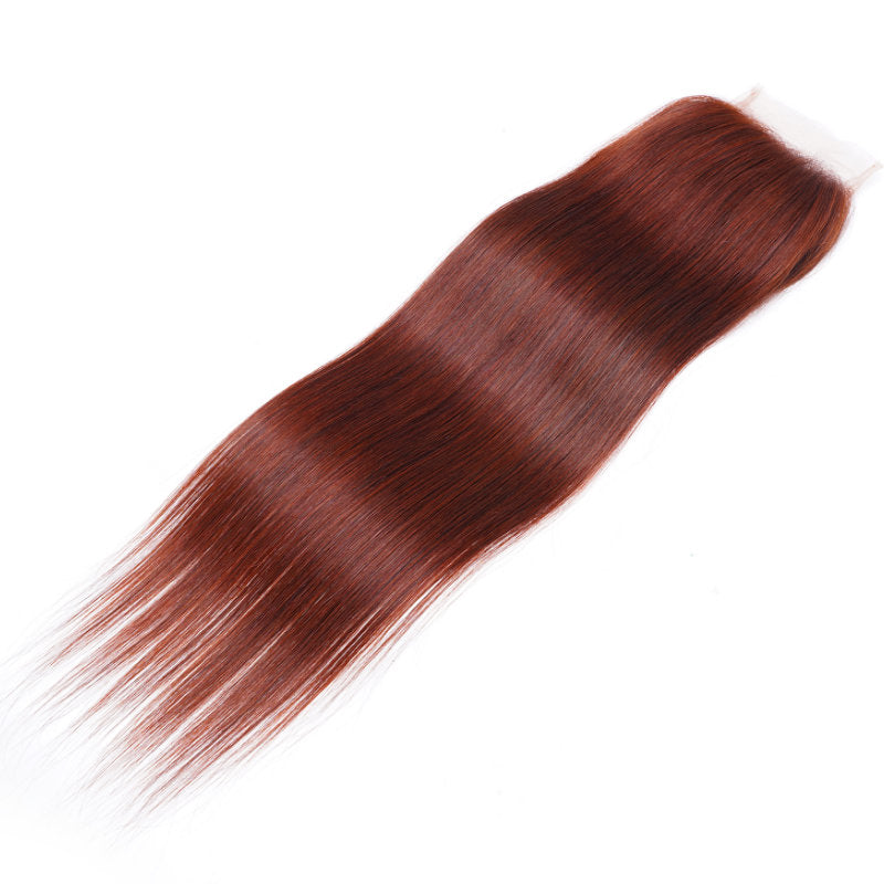 Klaiyi Silky Straight 4x4 Lace Closure Pre Plucked Brunette Auburn Copper Human Hair