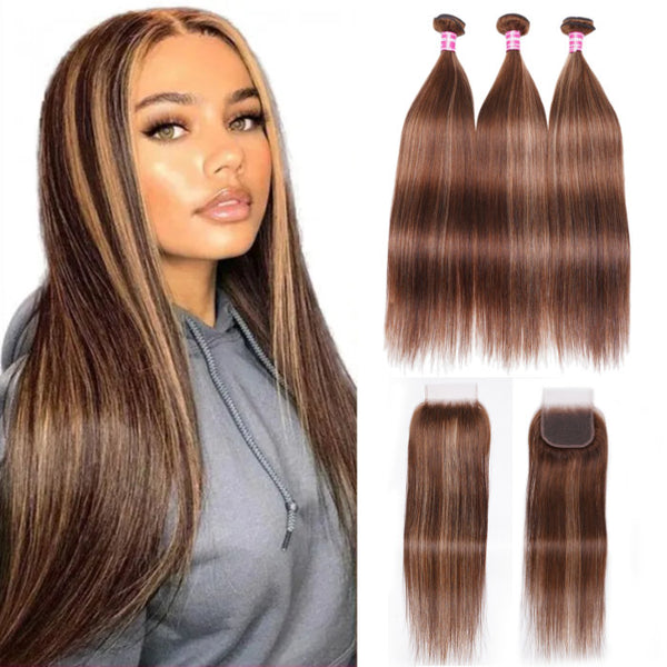 Klaiyi Straight Honey Blonde Brown Bundles with Closure Ombre Highlight Human Hair