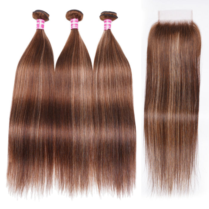 Klaiyi Straight Honey Blonde Brown Bundles with Closure Ombre Highlight Human Hair