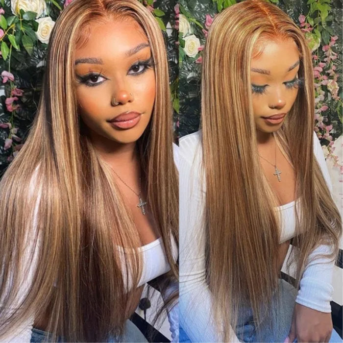Klaiyi Straight Honey Blonde Brown Bundles with Closure Ombre Highlight Human Hair