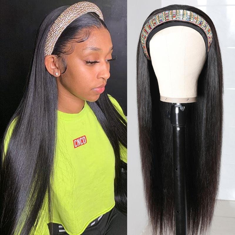 Klaiyi Straight Human Hair Wigs With Headbands Attached Non Lace Front Wigs Black Color 150% Density