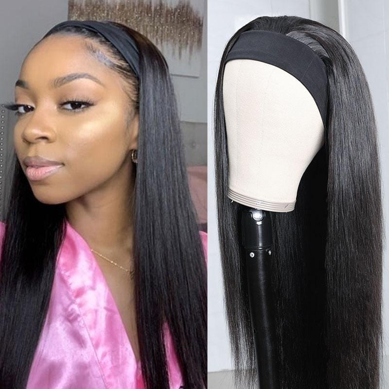 Klaiyi Straight Human Hair Wigs With Headbands Attached Non Lace Front Wigs Black Color 150% Density