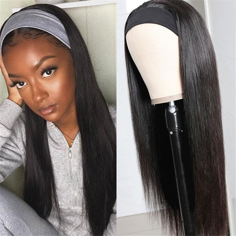 Klaiyi Straight Human Hair Wigs With Headbands Attached Non Lace Front Wigs Black Color 150% Density