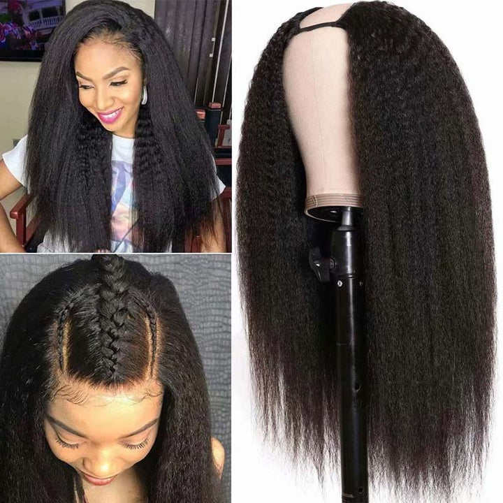 Klaiyi U Part Wig Natural Kinky Straight Glueless Wigs 100% Human Hair Meets Real Scalp Natural Density Series