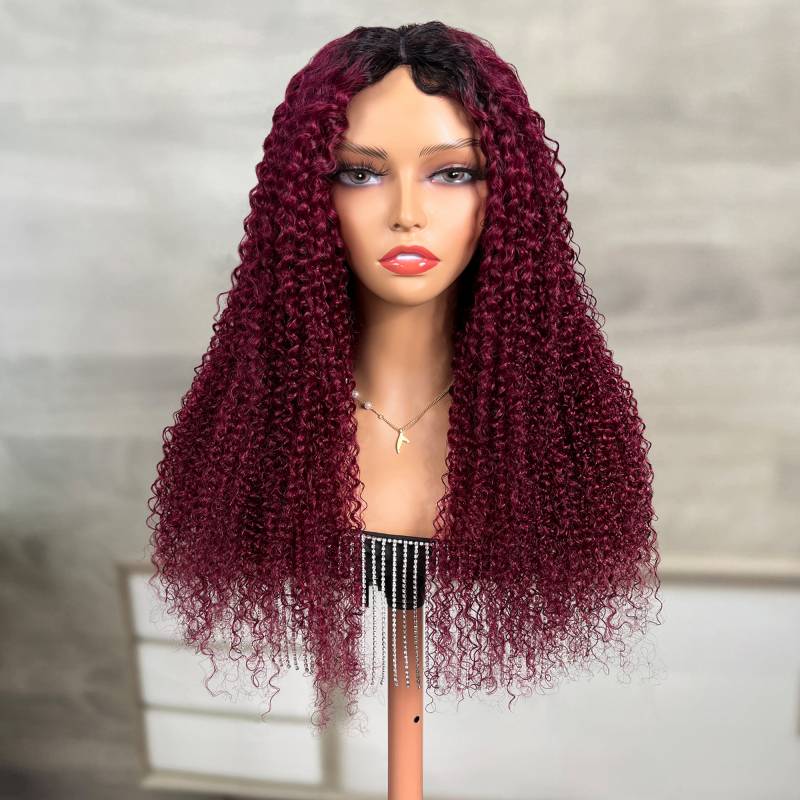 Klaiyi V Part Jerry Curly No Leave Out Glueless Wigs Dark Roots 99J Color Human Hair Wigs