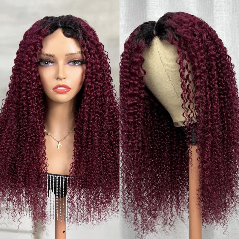 Dark Roots 99J Glueless V Part Jerry Curly Wigs Flash Sale