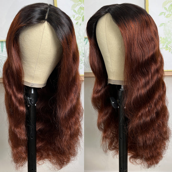 Klaiyi V Part Wig Dark Root Brunette Auburn Brown Human Hair Scalp Protective U Part Wigs Flash Sale