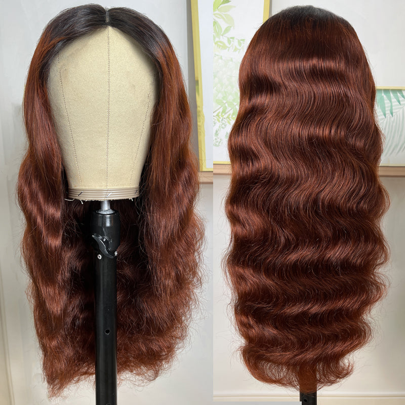 Klaiyi V Part Wig Dark Root Brunette Auburn Brown Human Hair Scalp Protective U Part Wigs Flash Sale