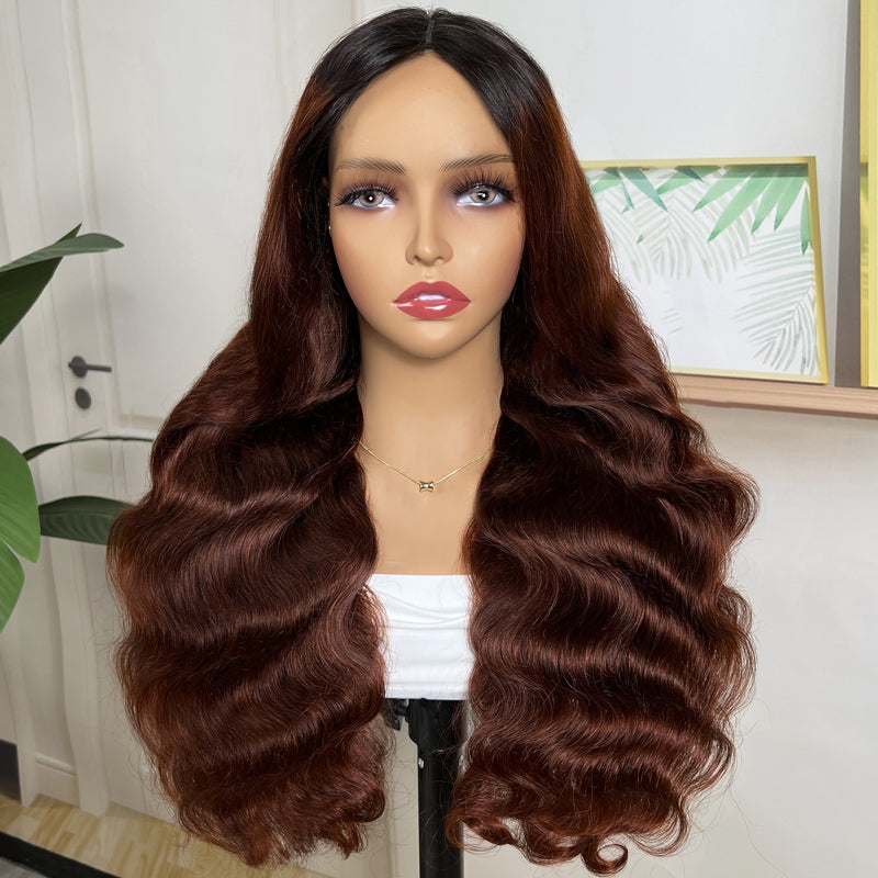 Klaiyi 180% Hollow Net V Part Air Wig Dark Root Brunette Auburn Brown Human Hair Scalp Protective Flash Sale