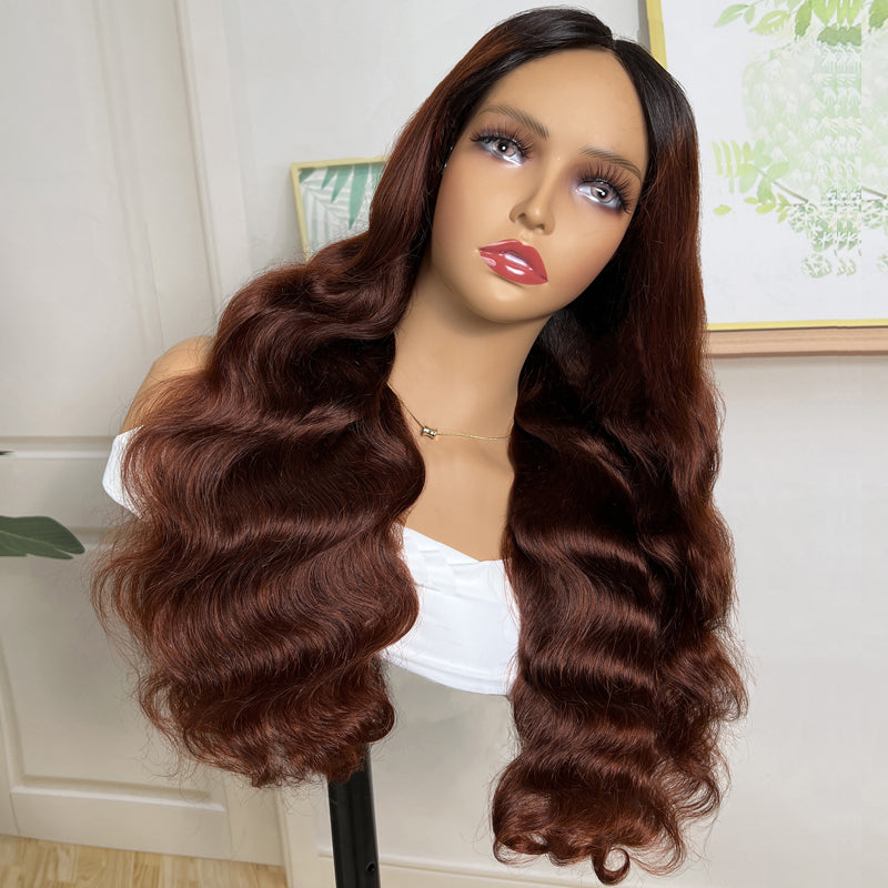 Klaiyi 180% Hollow Net V Part Air Wig Dark Root Brunette Auburn Brown Human Hair Scalp Protective Flash Sale