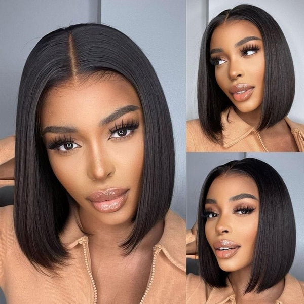 Klaiyi V Part Wig Human Hair Short Bob 5 Inch Deep Part Put On and Go Glueless Wig Small Cap Flash Sale