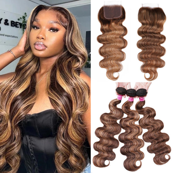 Klaiyi Virgin Human Hair 3 Bundles with Lace Closure Ombre Honey Blonde Highlight Color