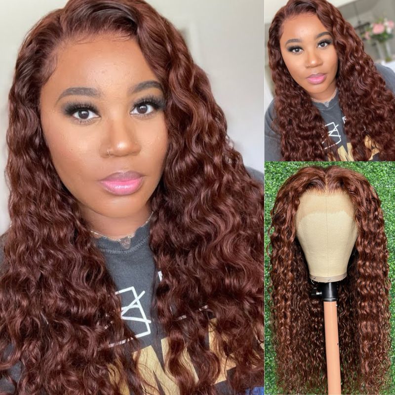 Klaiyi Water Wave Lace Front Wig Human Hair Brown Brunette Auburn Copper Color