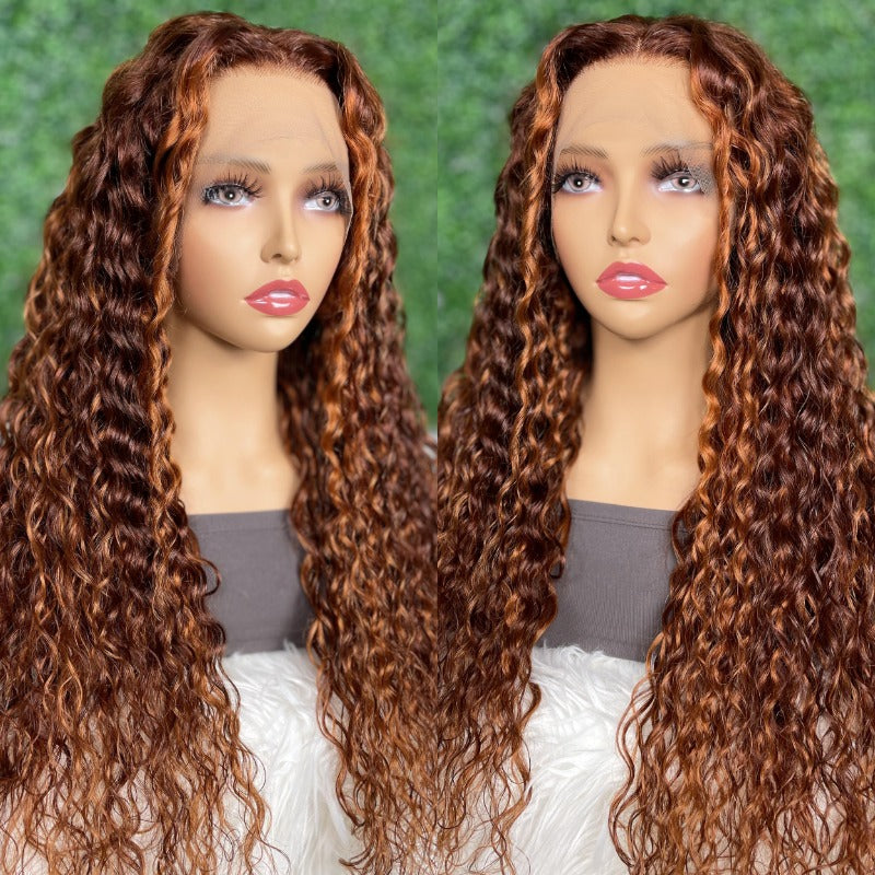 Klaiyi Water Wave Mixed Ginger Orange 13x4 Lace Front Wigs Dimensional Copper Highlights Human Hair