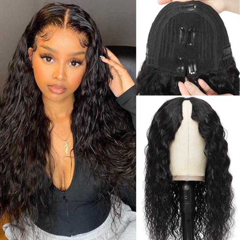 Klaiyi Water Wave V part Wigs No Leave Out Natural Scalp Protective Wigs Beginner Friendly