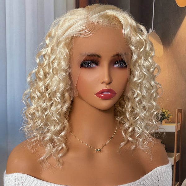 Klaiyi Wet and Wavy Lace Front Wig Honey Blonde 613 Short Bob Human Hair