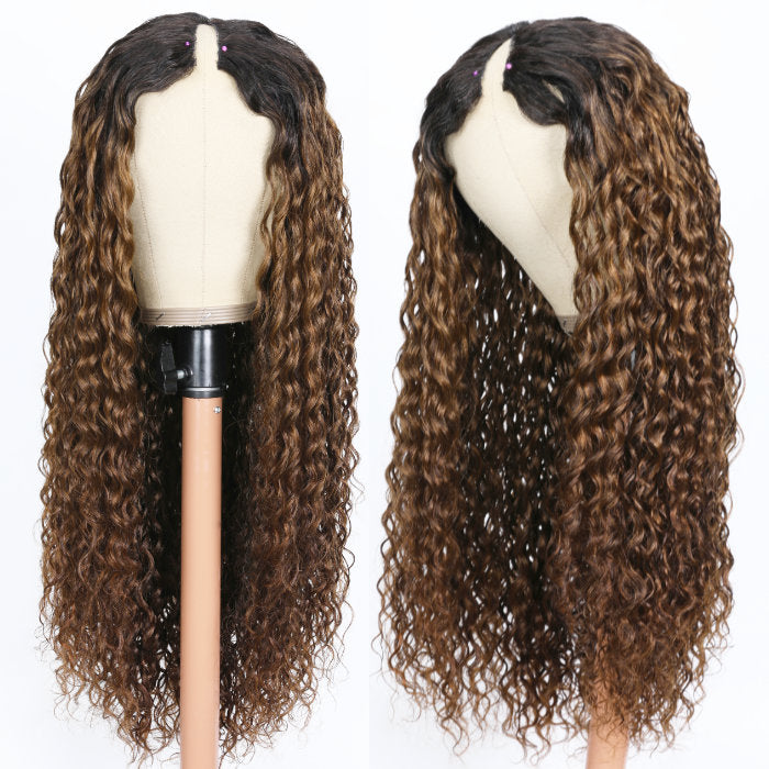Klaiyi Wet and Wavy V Part Wig Beginner Friendly Dark Roots Ginger Brown Human Hair Flash Sale