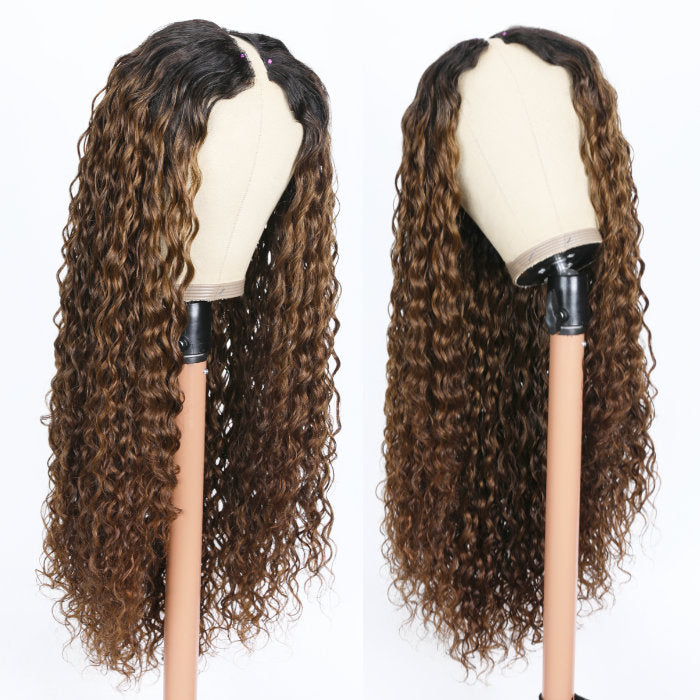 Klaiyi Wet and Wavy V Part Wig Beginner Friendly Dark Roots Ginger Brown Human Hair Flash Sale