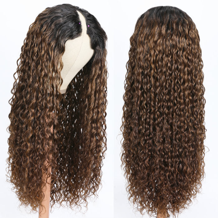 Klaiyi Wet and Wavy V Part Wig Beginner Friendly Dark Roots Ginger Brown Human Hair Flash Sale