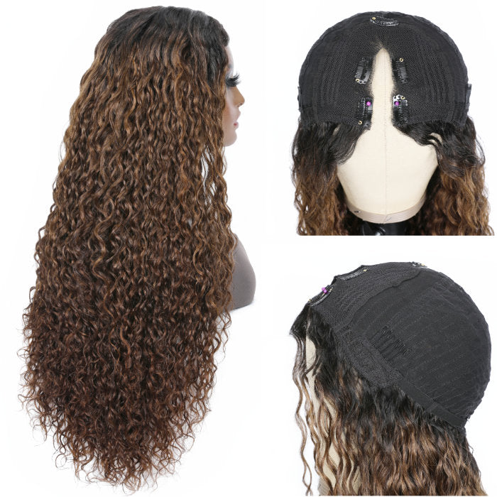 Klaiyi Wet and Wavy V Part Wig Beginner Friendly Dark Roots Ginger Brown Human Hair Flash Sale