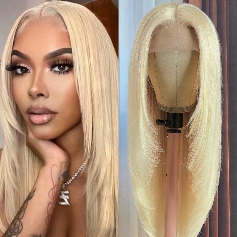 Klaiyi #613 Blonde Bone Straight Lace Front Wigs with Layer Inner Buckle Virgin Human Hair Wigs For Women