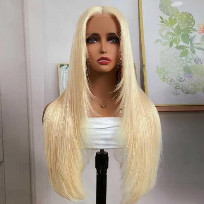 Klaiyi #613 Blonde Bone Straight Lace Front Wigs with Layer Inner Buckle Virgin Human Hair Wigs For Women