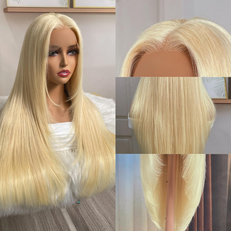 Klaiyi #613 Blonde Bone Straight Lace Front Wigs with Layer Inner Buckle Virgin Human Hair Wigs For Women