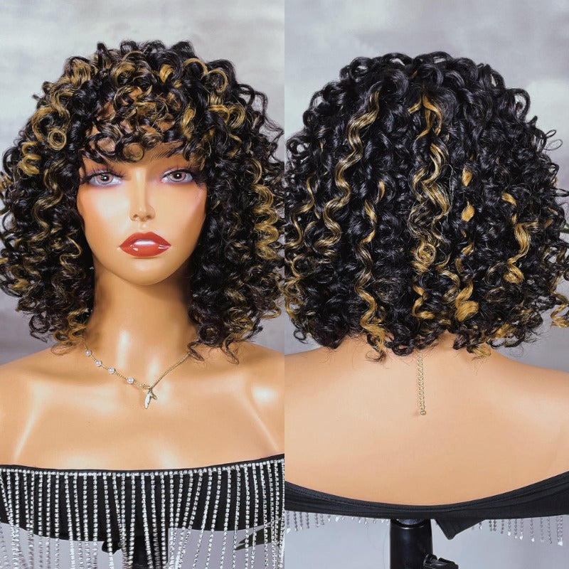 Klaiyi Glueless Golden Blonde Highlight Big Curly Fringe Wig Machine Made Human Hair Wigs