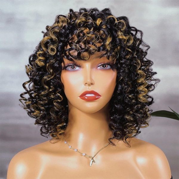 Klaiyi Glueless Golden Blonde Highlight Big Curly Fringe Wig Machine Made Human Hair Wigs