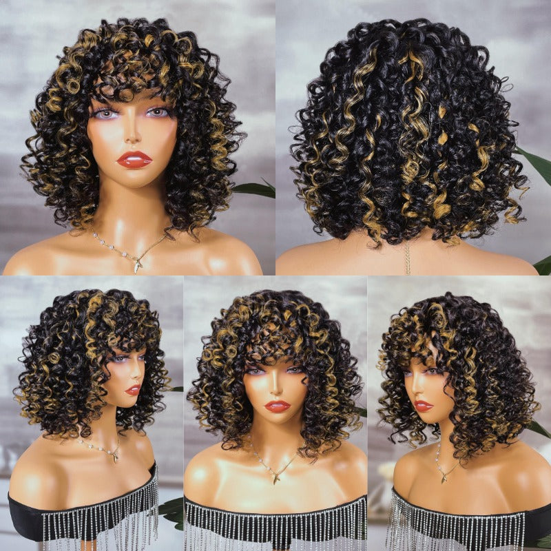 Klaiyi Glueless Golden Blonde Highlight Big Curly Fringe Wig Machine Made Human Hair Wigs