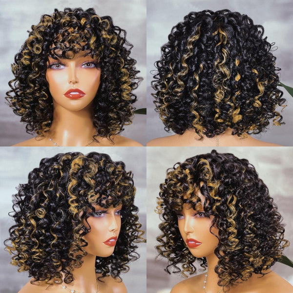 Klaiyi Glueless Golden Blonde Highlight Big Curly Fringe Wig Machine Made Human Hair Wigs