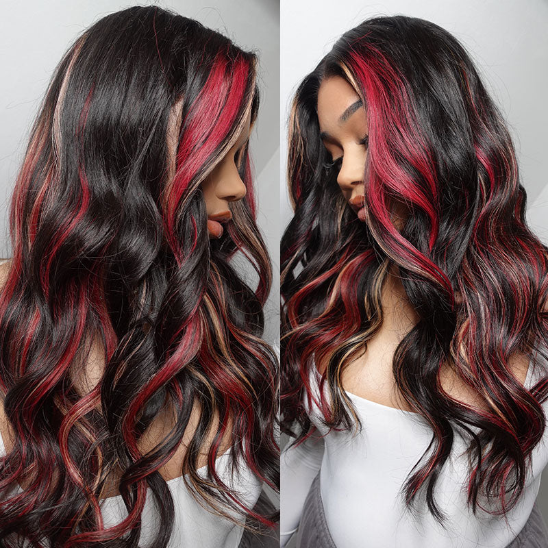 Klaiyi Multi Color Highlights 7x5 Bye Bye Knots/13x4 Lace Front Blonde And Red Body Wave Wigs Human Hair