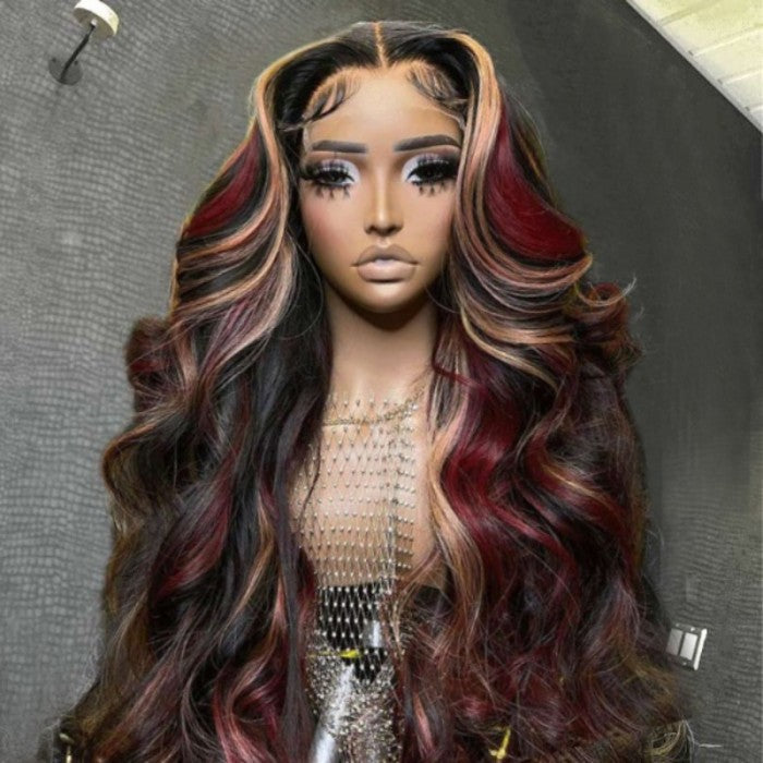 Extra 50% Off Code HALF50 | Klaiyi Blonde And Red Body Wave Wigs  13x4 Lace Front Multi Color Highlights
