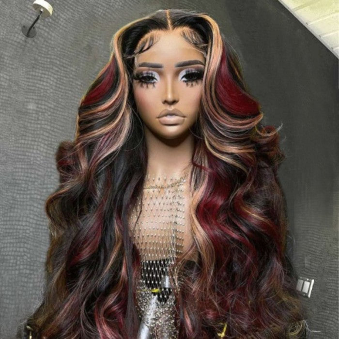 Klaiyi 13x4 Lace Front Blonde And Red Body Wave Wigs  Multi Color Highlights Flash Sale