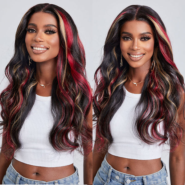 Klaiyi Hair Multi Color Highlights 13x4 Lace Front Blonde And Red Body Wave Wigs Human Hair 145$