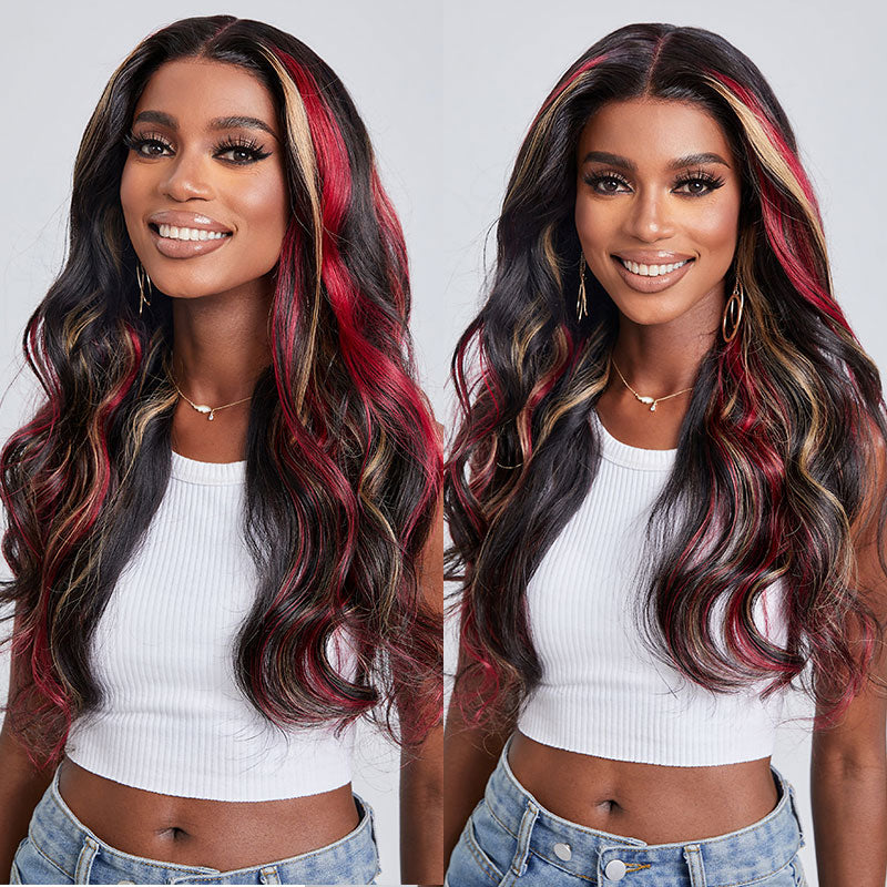 Klaiyi Multi Color Highlights 7x5 Bye Bye Knots/13x4 Lace Front Blonde And Red Body Wave Wigs Human Hair