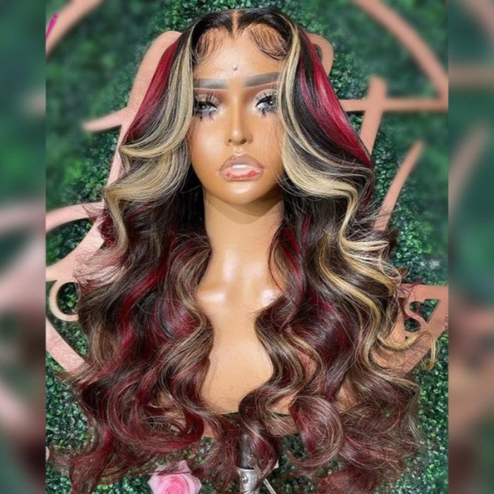 Extra 50% Off Code HALF50 | Klaiyi Blonde And Red Body Wave Wigs  13x4 Lace Front Multi Color Highlights
