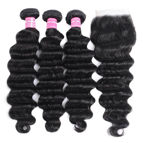 Klaiyi Malaysian Loose Deep Wave 3 Bundles with 4*4 Lace Closure On Deals
