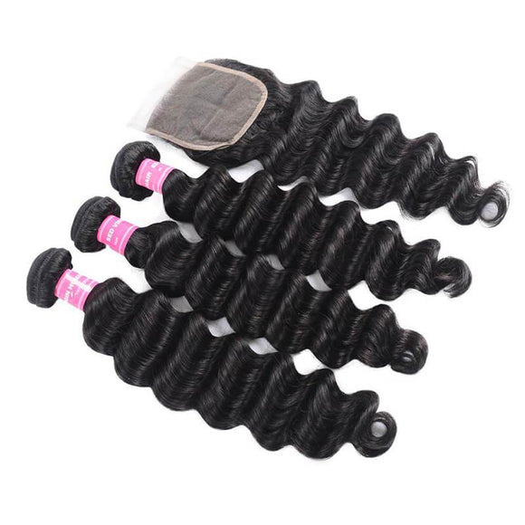 Klaiyi Malaysian Loose Deep Wave 3 Bundles with 4*4 Lace Closure On Deals
